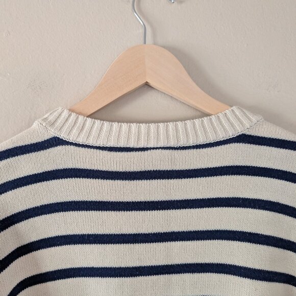 St. John's Bay Navy White Stripe Sweater Brown Boucle Heart Cottagecore Size PXL - Picture 11 of 13